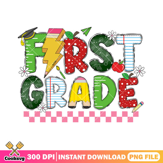 First grade colorful png, alphabet font png, first grade back to school png