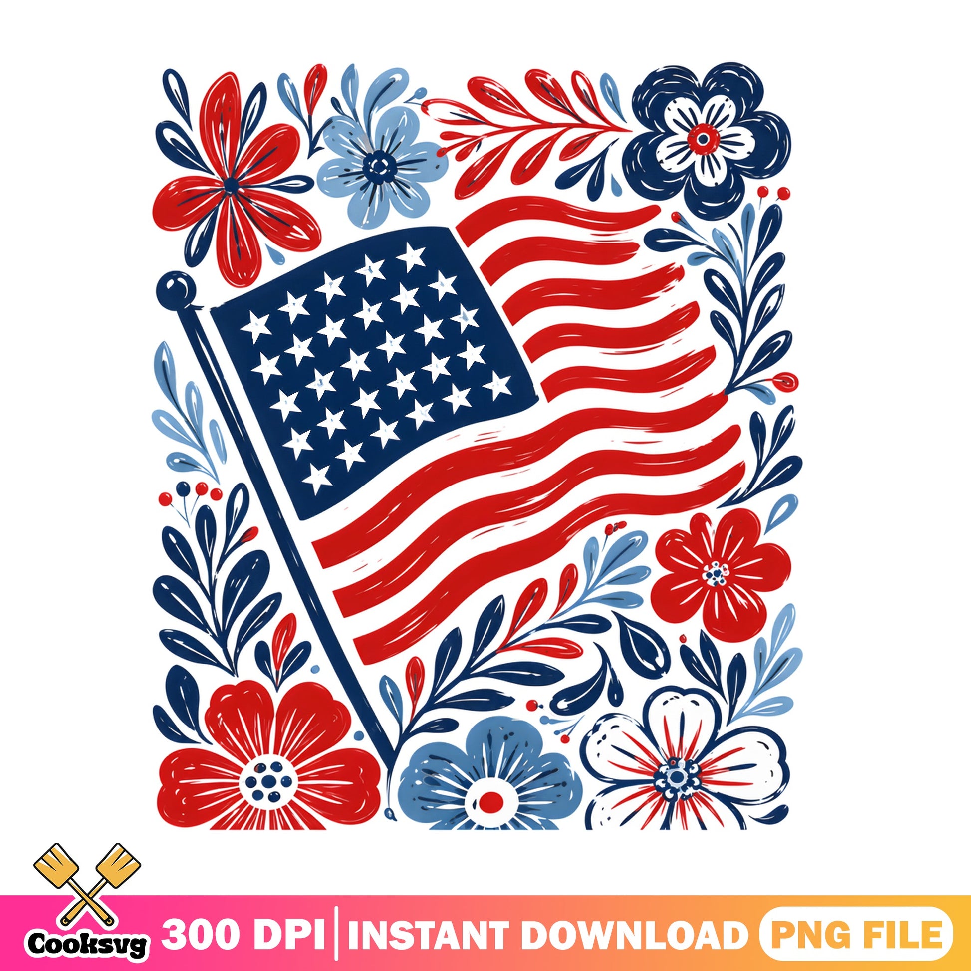 Floral American Flag 4th Of July PNG, Patriotic PNG, USA PNG