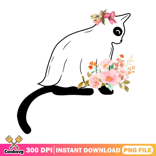 Floral Cat PNG, Watercolor Cat With Flowers PNG, Cat Clipart PNG
