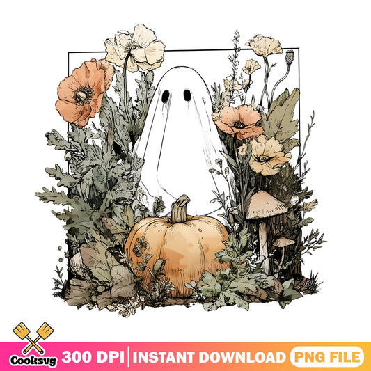 Floral Ghost Halloween PNG, Boho Ghost Pumpkin PNG, Halloween PNG
