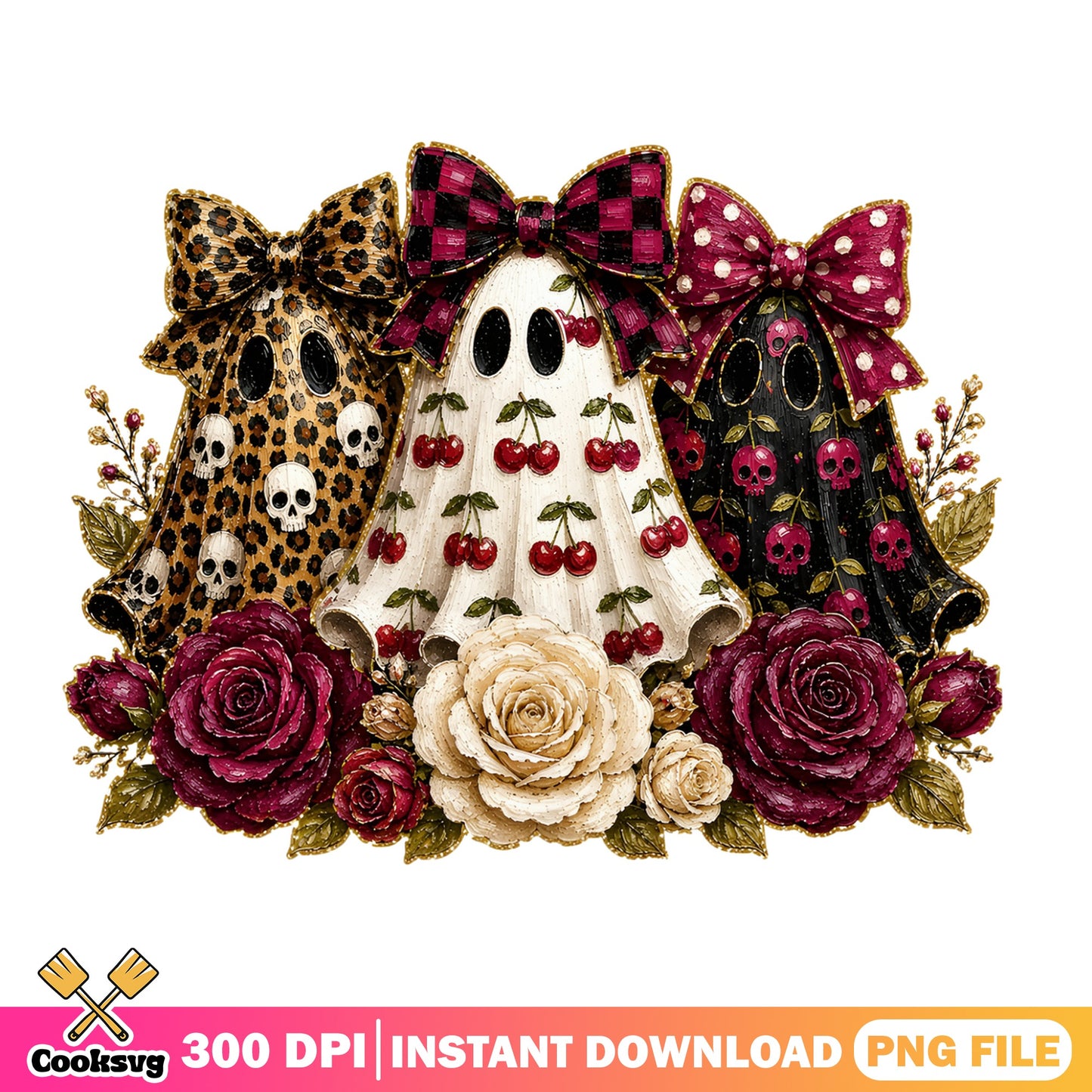 Floral Ghost Halloween PNG, Coquette Bow Ghost PNG, Spooky PNG