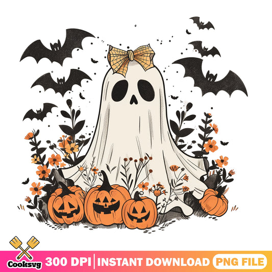 Floral Ghost Halloween PNG, Pumpkin Bat Spooky PNG, Cute Ghost PNG