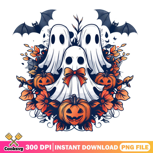 Floral Ghost Halloween PNG, Pumpkin Bat Spooky PNG, Halloween PNG