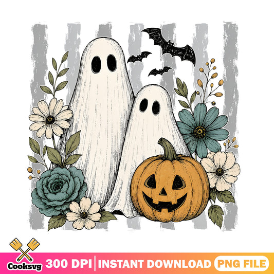 Floral Halloween Ghost PNG, Pumpkin Bat Retro PNG, Spooky PNG