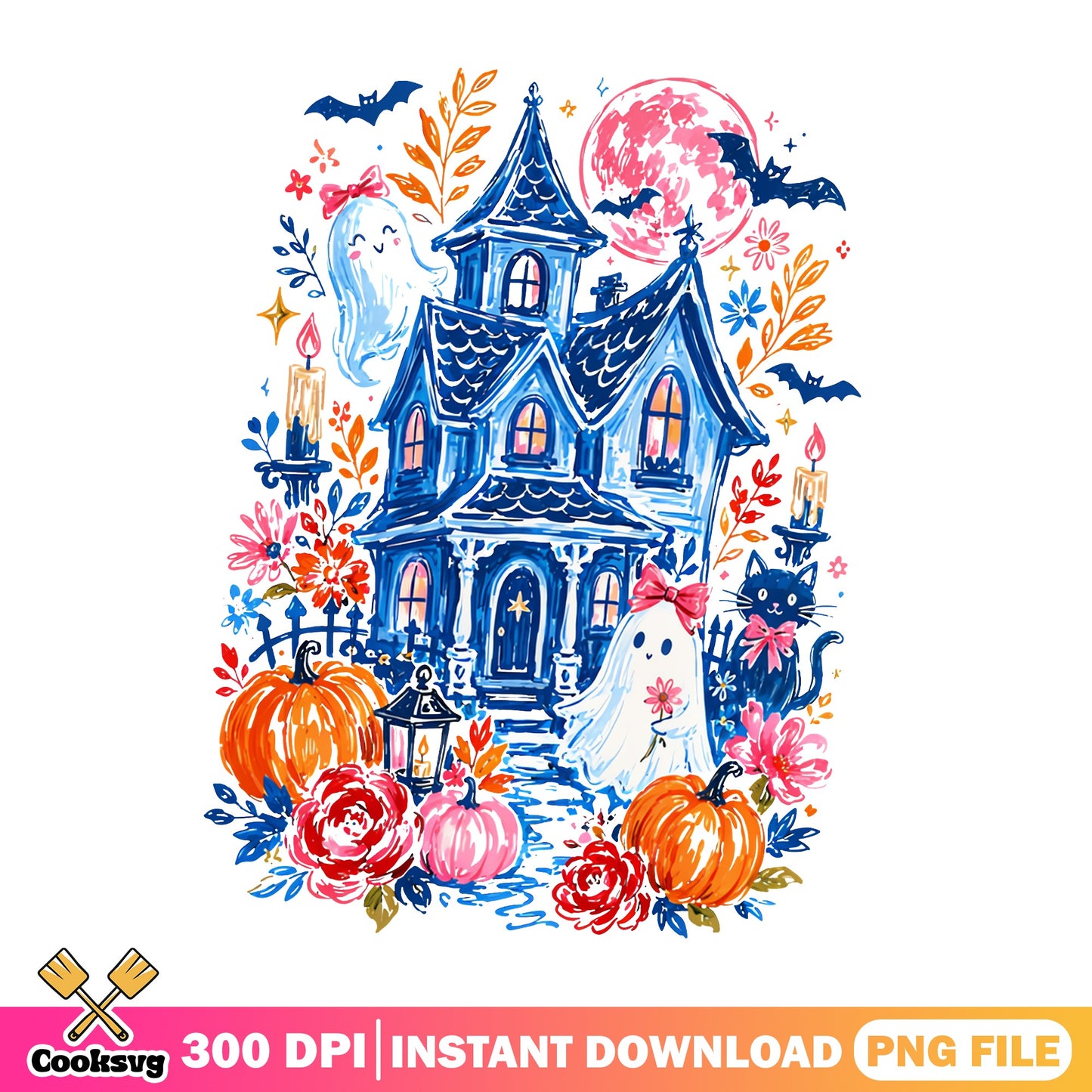 Floral Haunted House Halloween PNG, Ghost Pumpkin PNG, Spooky PNG