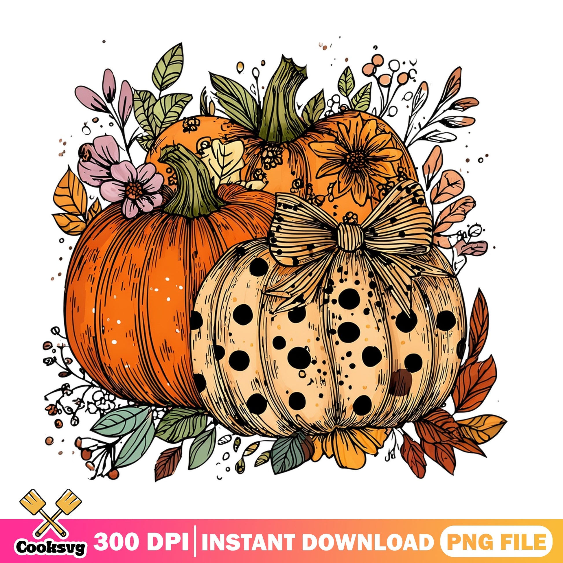 Floral Pumpkin PNG, Fall Autumn Sublimation, Halloween PNG