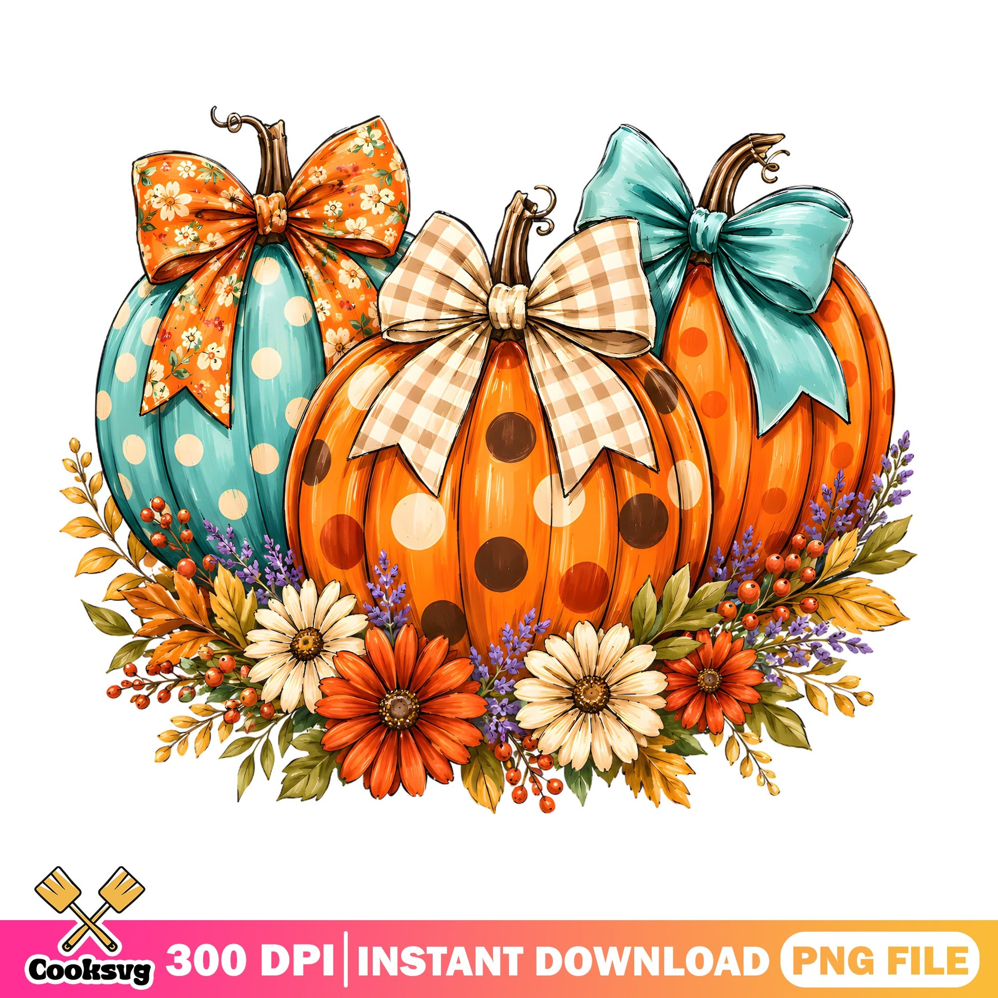 Floral Pumpkin With Bow PNG, Fall Autumn Sublimation, Halloween PNG