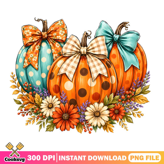 Floral Pumpkin With Bow PNG, Fall Autumn Sublimation, Halloween PNG