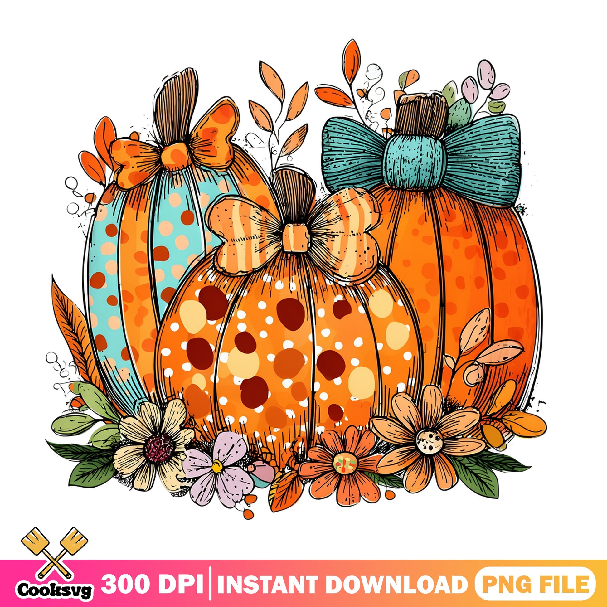 Floral Pumpkin With Bow PNG, Fall Halloween PNG, Autumn PNG