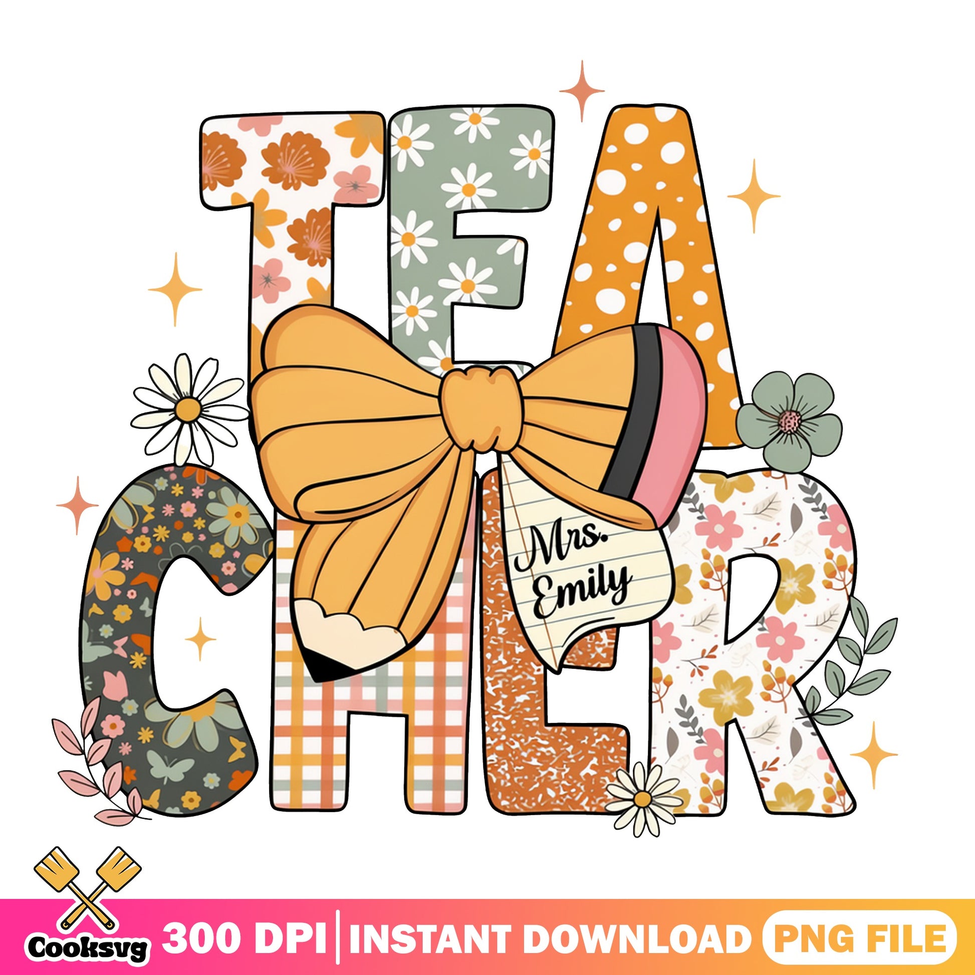 Floral Teacher Bow Pencil PNG, Back To School PNG, Teacher Gift PNG