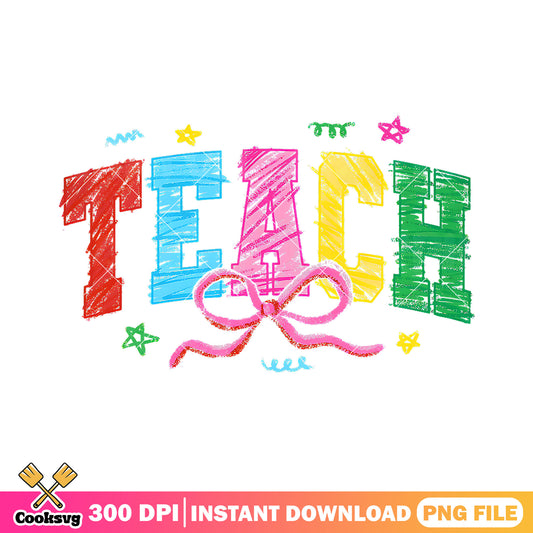 Font teach colorful design png, pink bow png, back to school day png
