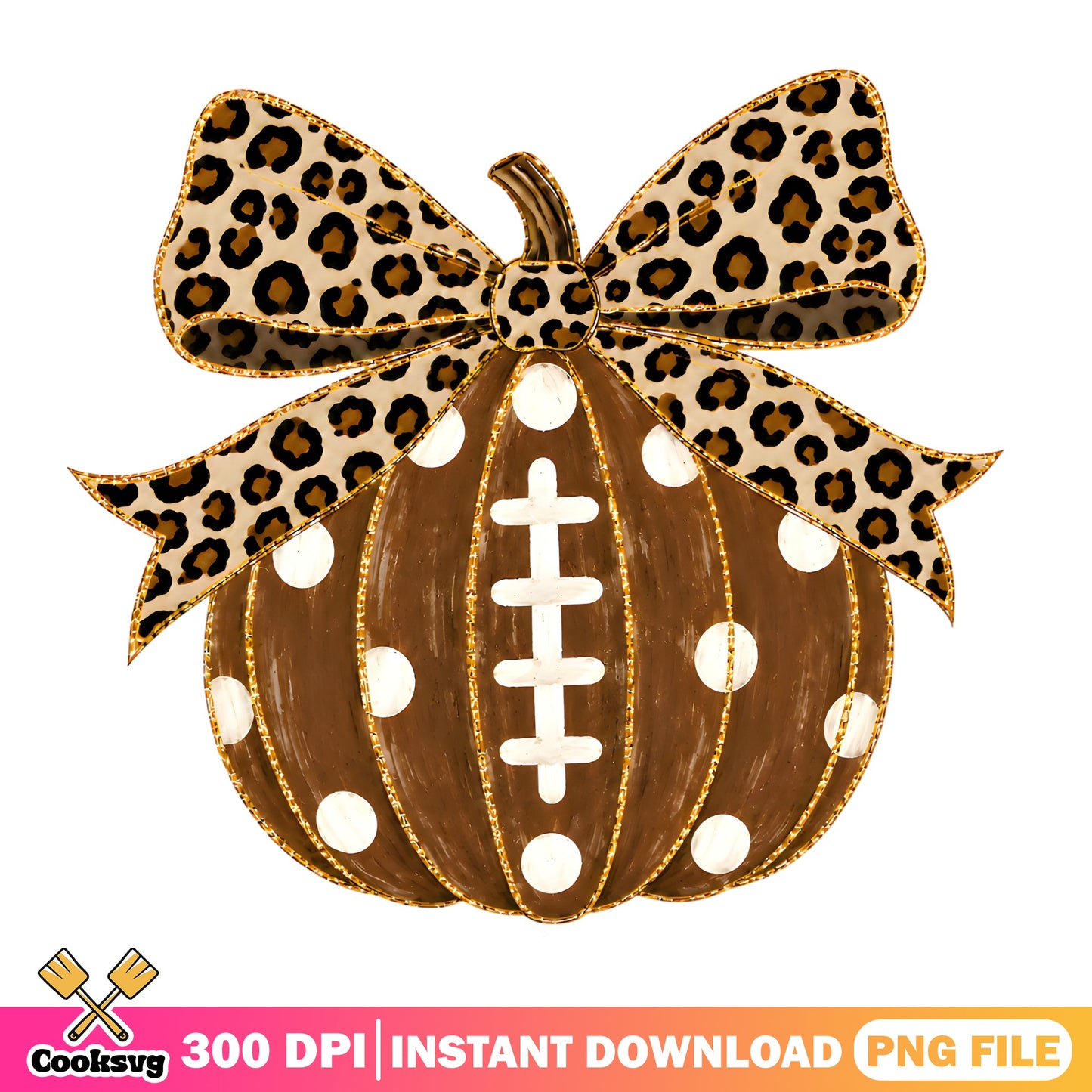 Football Pumpkin Leopard Bow PNG, Fall Halloween PNG, Thanksgiving PNG