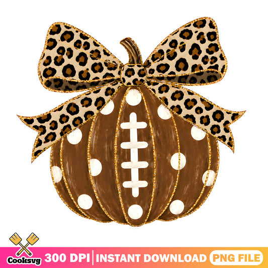 Football Pumpkin Leopard Bow PNG, Fall Halloween PNG, Thanksgiving PNG