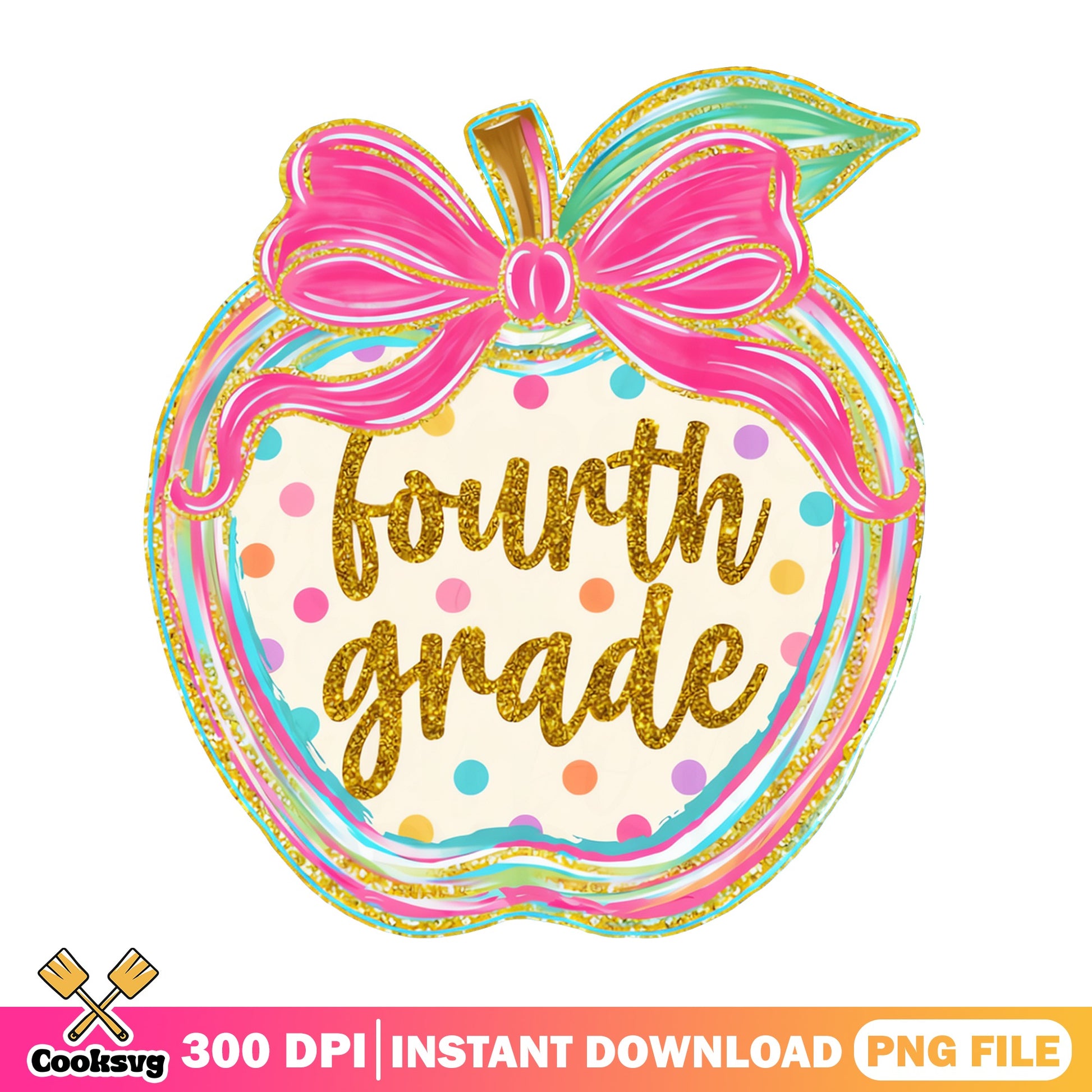 Fourth Grade Teacher Apple Bow PNG, Back To School PNG, Teacher PNG