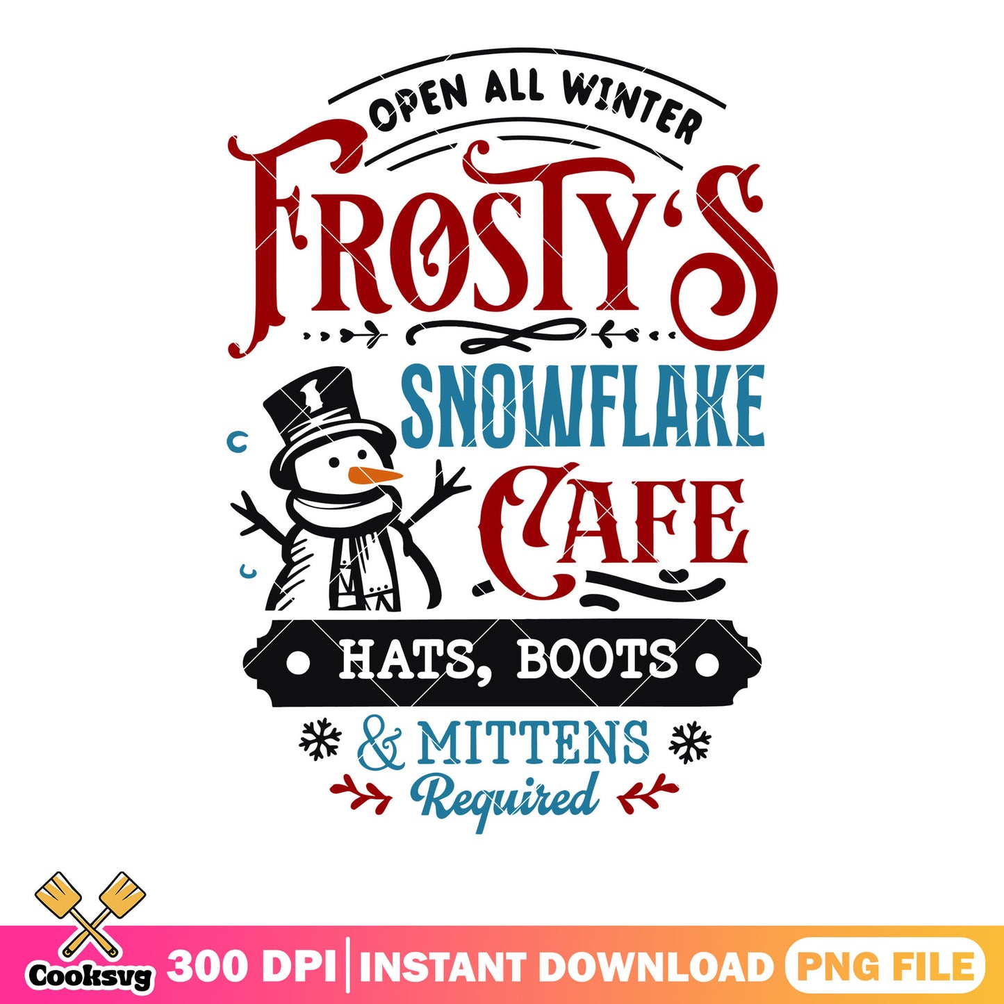 Frostys snowflake cafe vintage png, snowman christmas png, snowman png