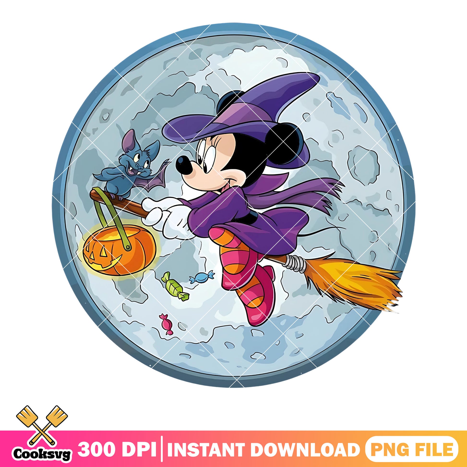 Full moon night witch bats png, minnie mouse png, disney halloween png