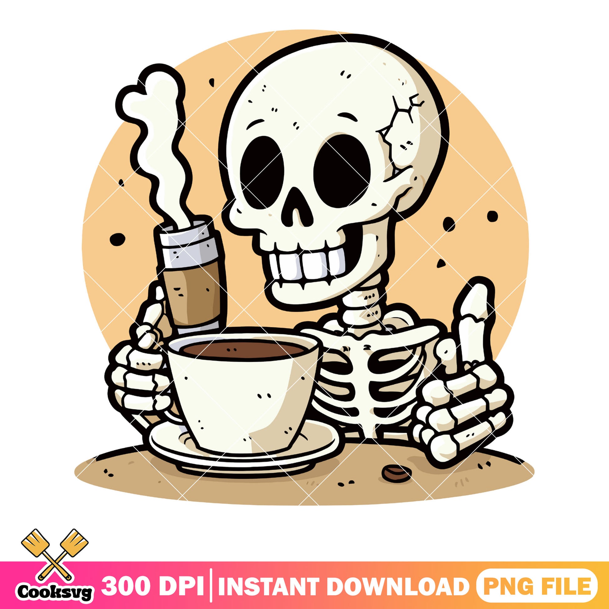 Funny skeleton smile png, morning coffee png, halloween scary png