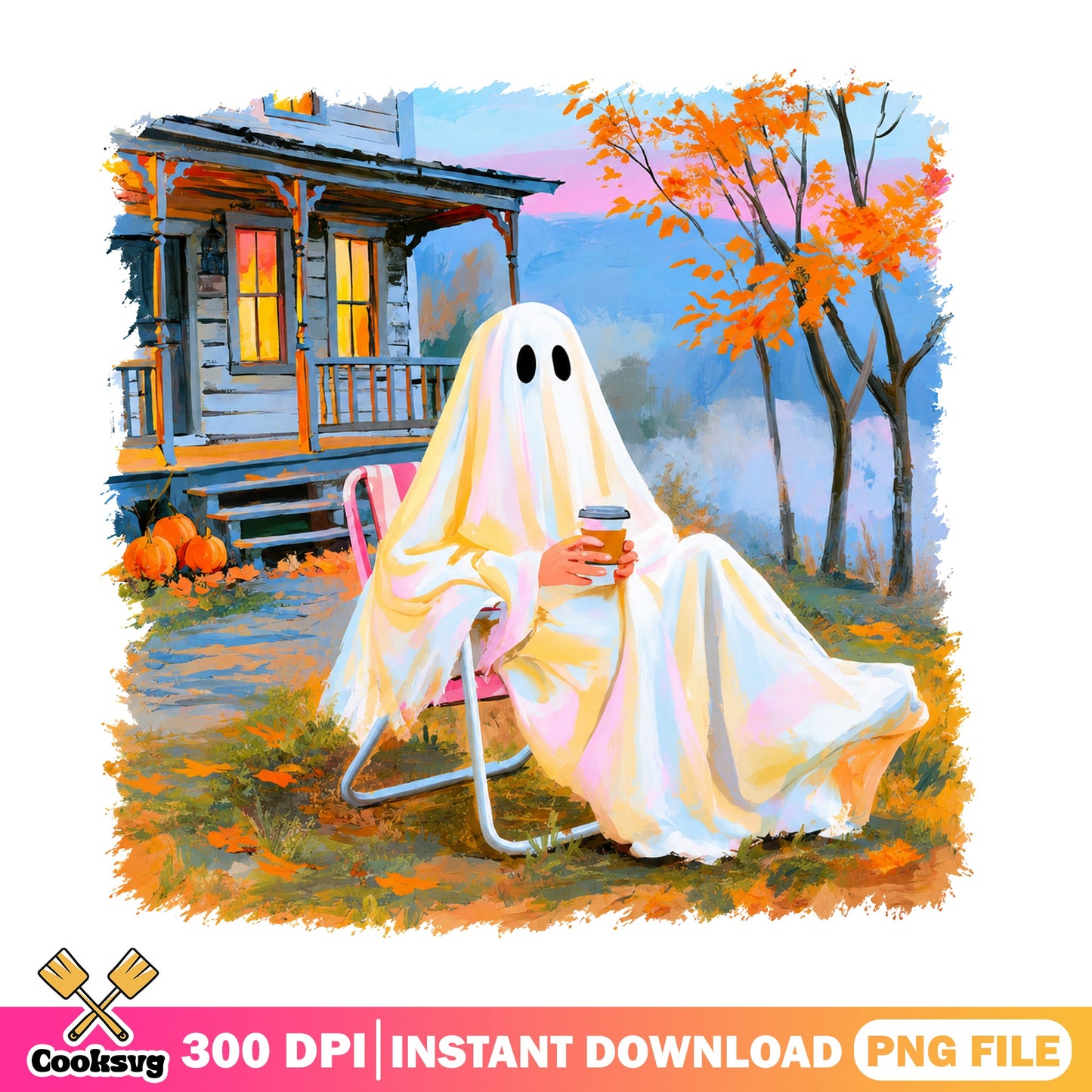 Ghost Drinking Coffee Halloween PNG, Spooky Season PNG, Fall PNG