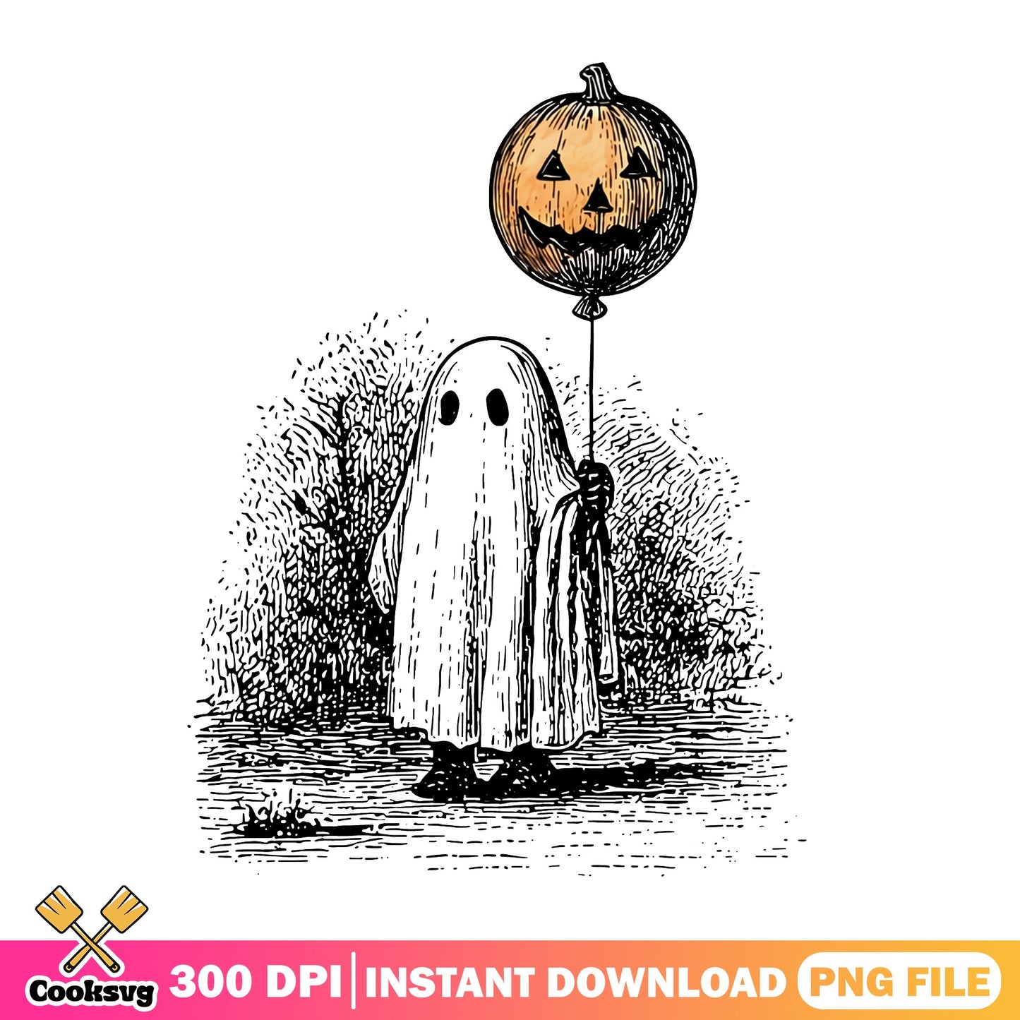 Ghost Holding Pumpkin Balloon Halloween PNG, Vintage Ghost PNG, Spooky PNG