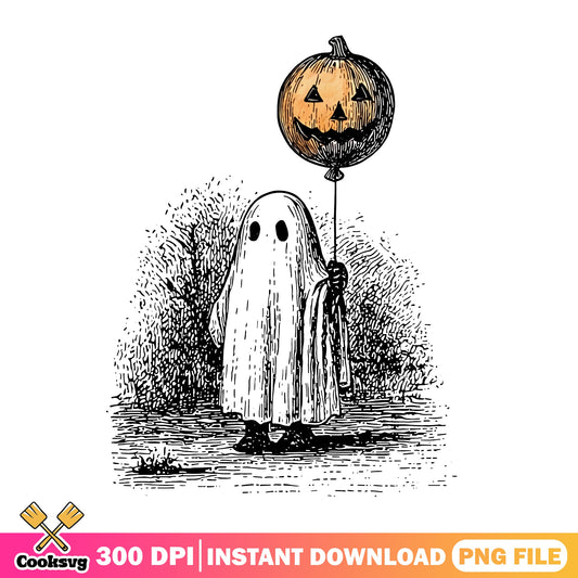 Ghost Holding Pumpkin Balloon Halloween PNG, Vintage Ghost PNG, Spooky PNG