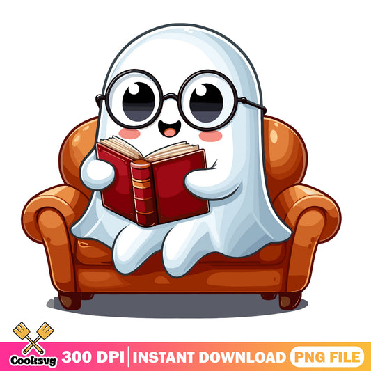 Ghost Reading Book PNG, Cute Halloween Ghost PNG, Bookworm PNG