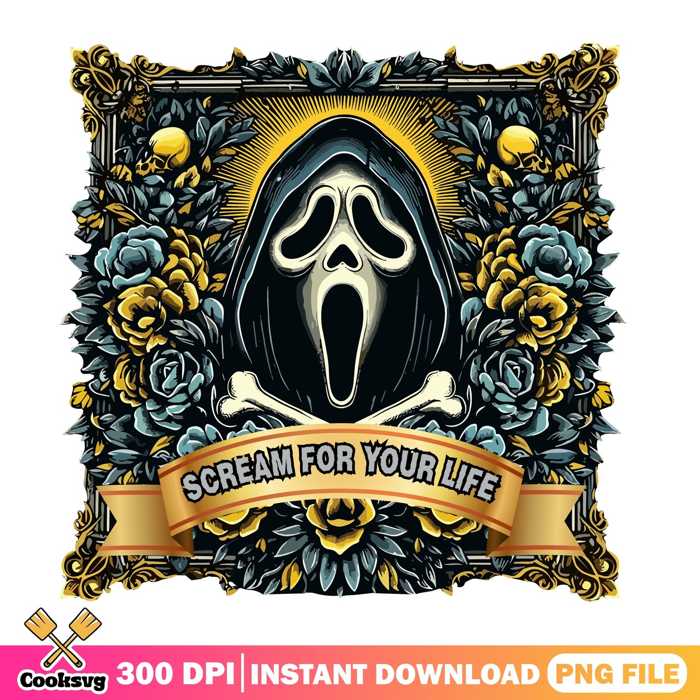 Ghostface Scream For Your Life Floral PNG, Horror PNG, Halloween PNG