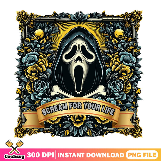 Ghostface Scream For Your Life Floral PNG, Horror PNG, Halloween PNG