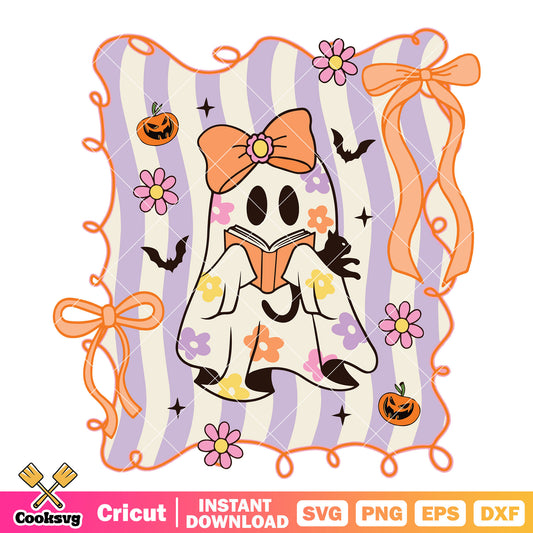 Ghost girl reading book svg, cute ghost svg, halloween bow​ svg