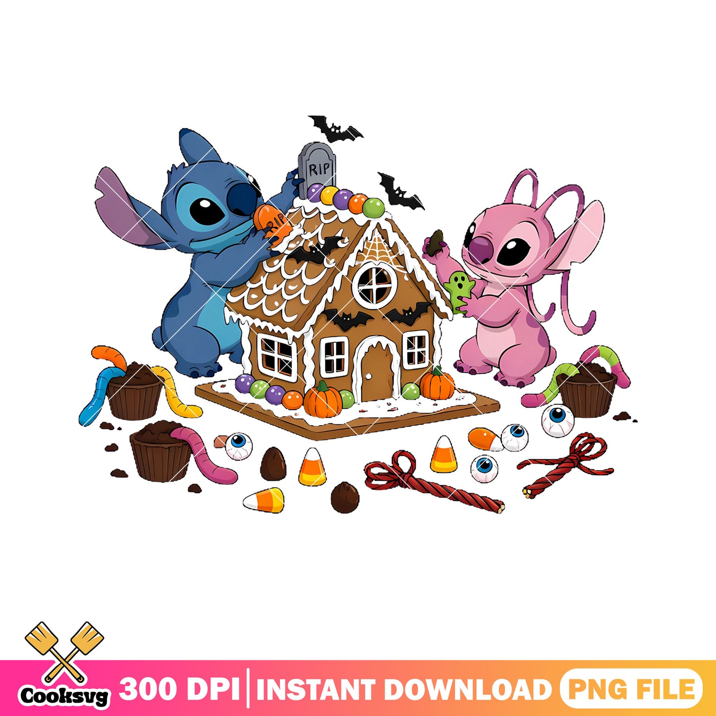 Gingerbread house png, stich character png, spooky halloween png