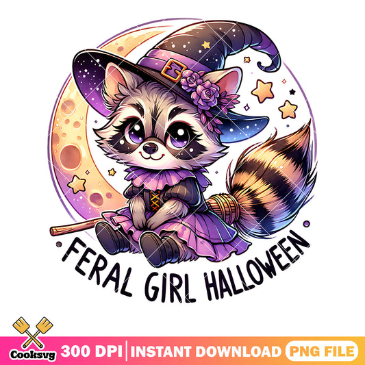 Girl baby raccoon cresent moon png, witch hat png, halloween scary png