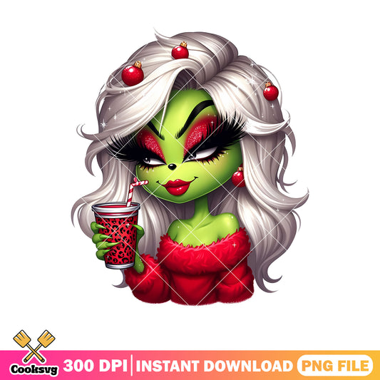 Girl grinch drink red christmas png