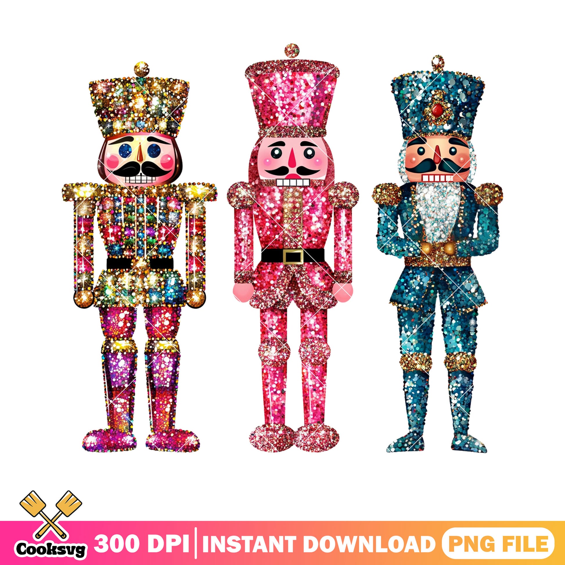 Glitter nutcracker trio png, trio christmas png, pink blue gold png