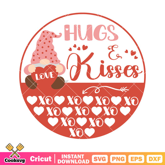 Gnome valentine hug and kisses svg, xoxo valentine svg, gnome valentine svg