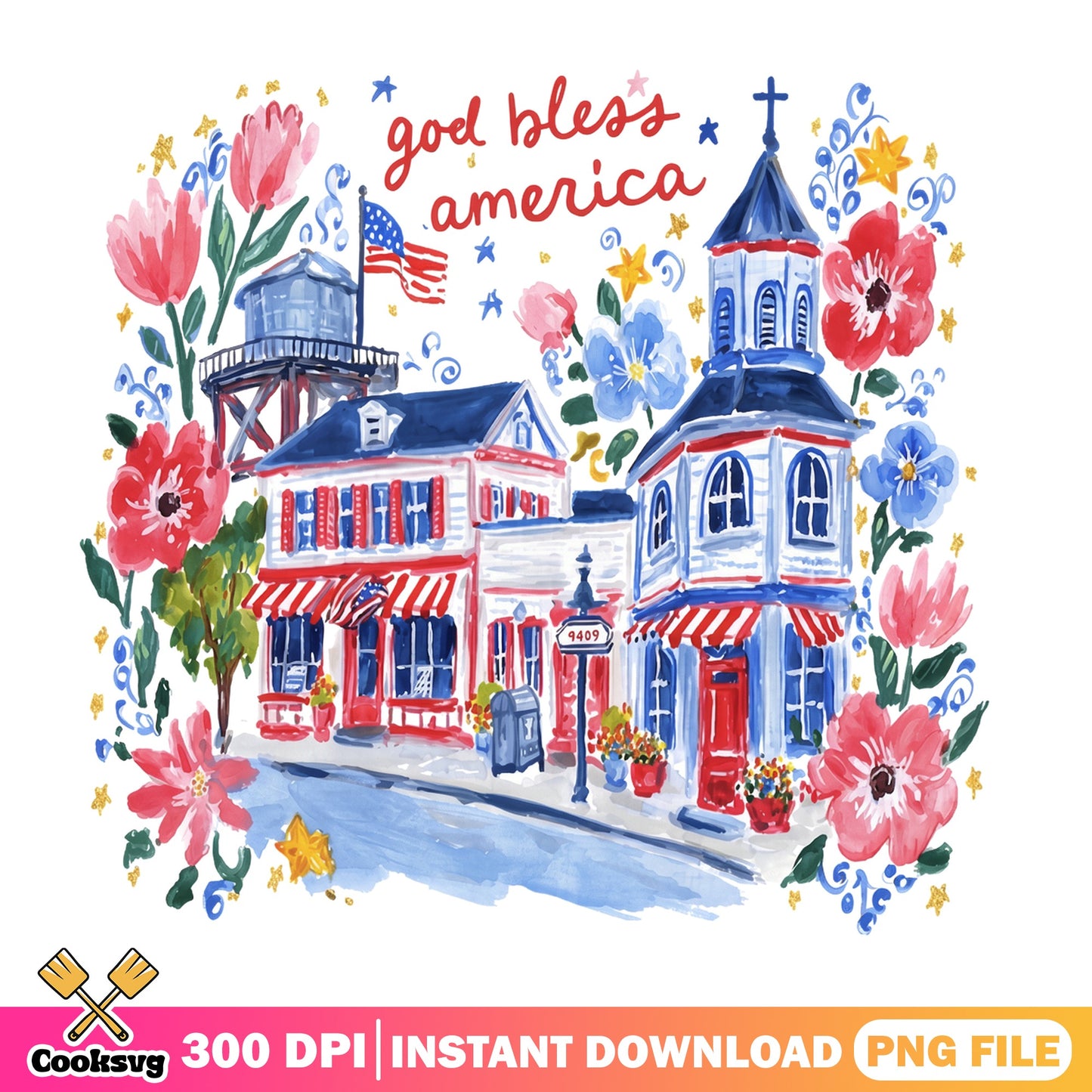 God Bless America Floral Town PNG, 4th Of July PNG, Patriotic PNG