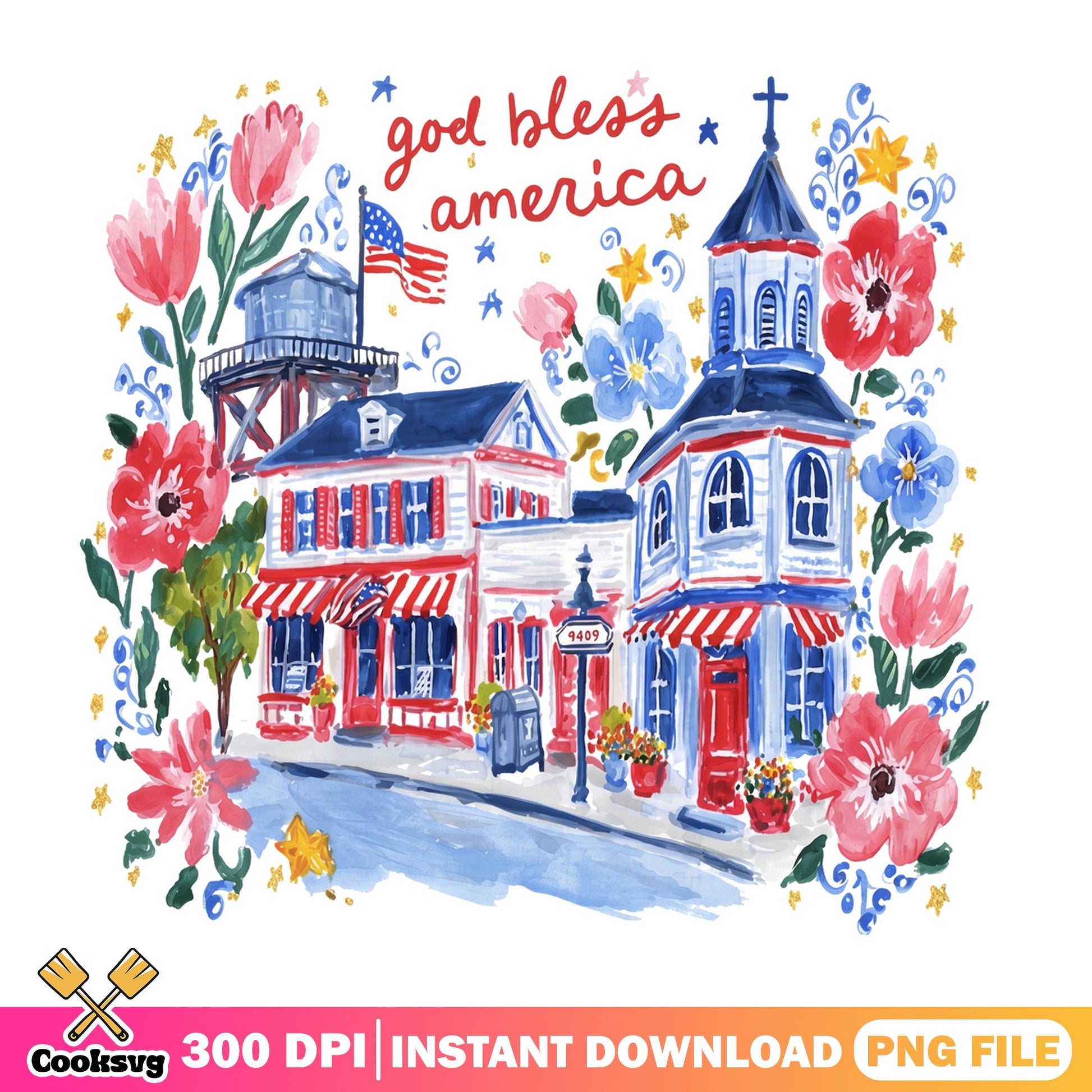 God Bless America Floral Town PNG, 4th Of July PNG, Patriotic PNG
