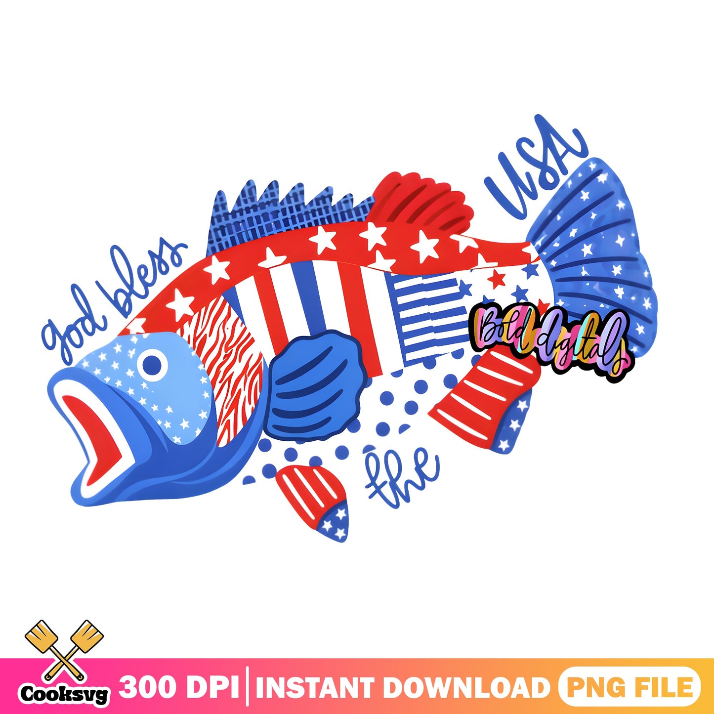 God Bless The USA Fish 4th Of July, Patriotic PNG, Fish PNG