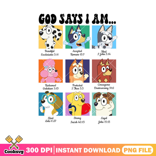 God says i am friends bluey dog png, bluey figures​ png, cartoon bluey png