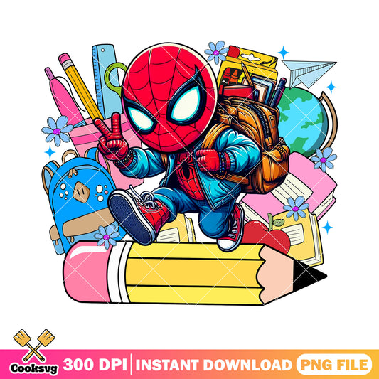 Going school spiderman png, back to school day png, red hero png