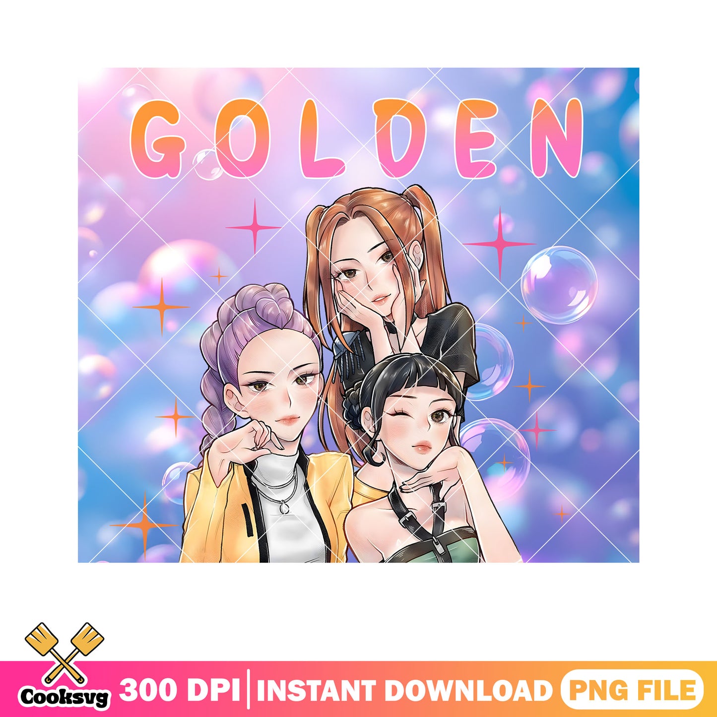 Golden kpop girls anime png, golden girls png, poster bubbles girl png