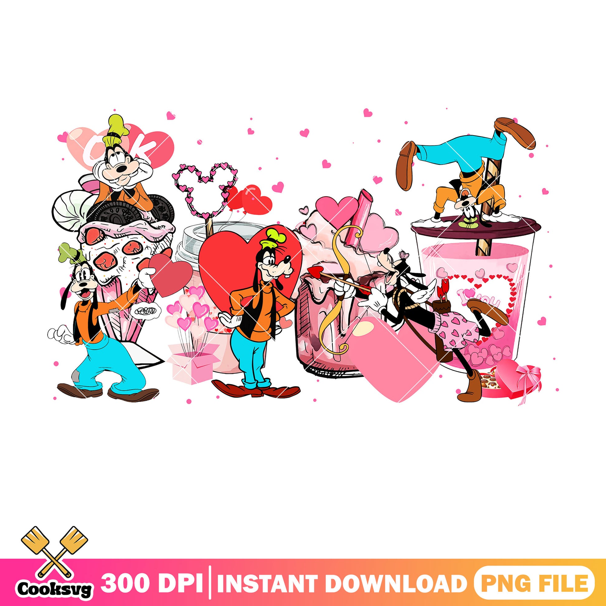 Goofy dog pink coffee valentine png, coffee valentine png