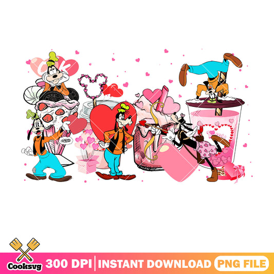 Goofy dog pink coffee valentine png, coffee valentine png