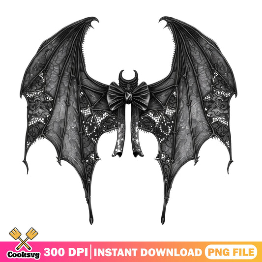 Gothic Bat Wings With Bow PNG, Halloween Lace Wings PNG, Dark PNG