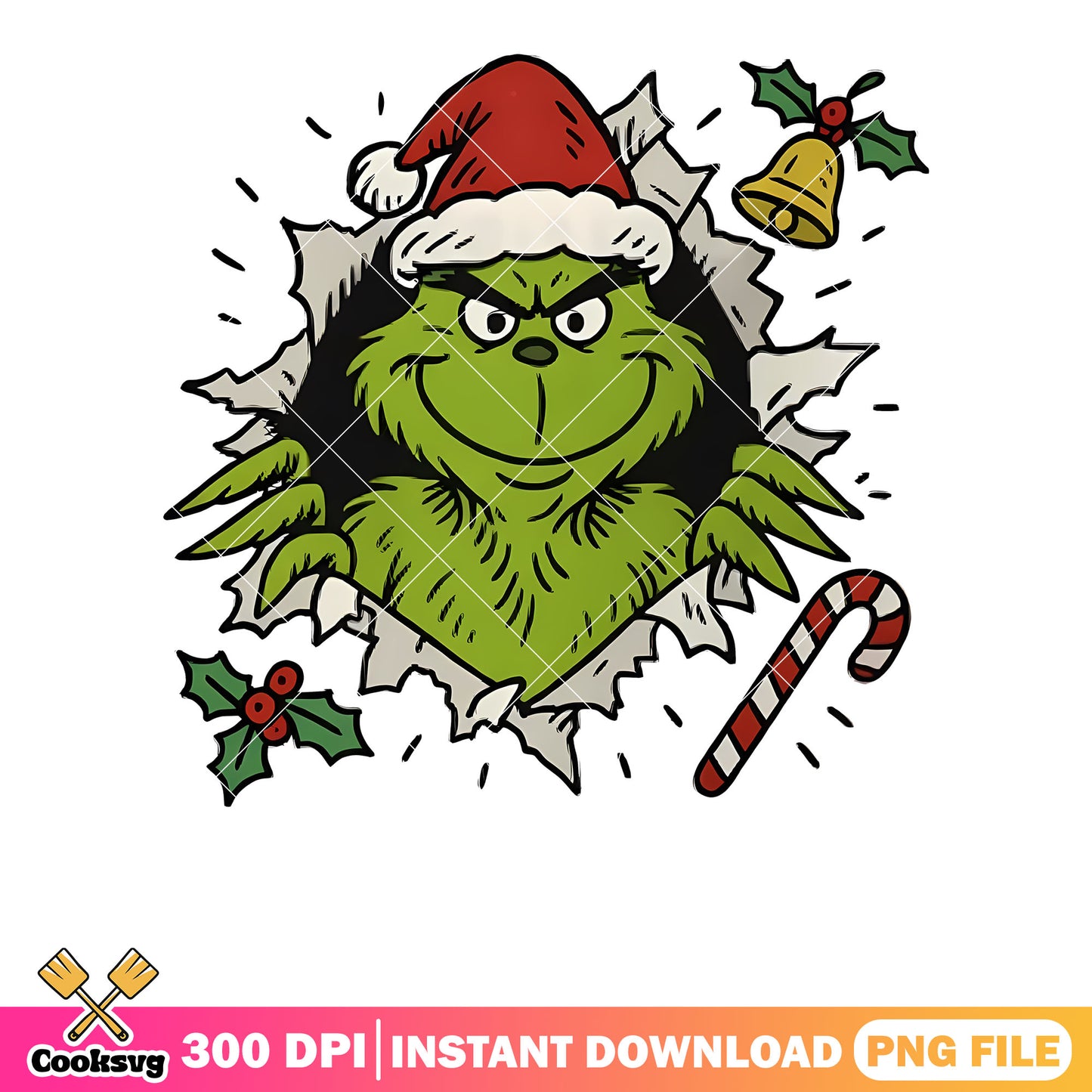 Green grinch monster png, merry christmas png, holly berries leaves png