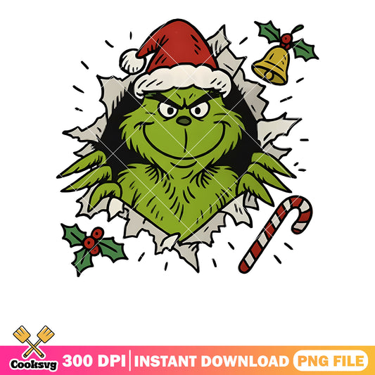 Green grinch monster png, merry christmas png, holly berries leaves png