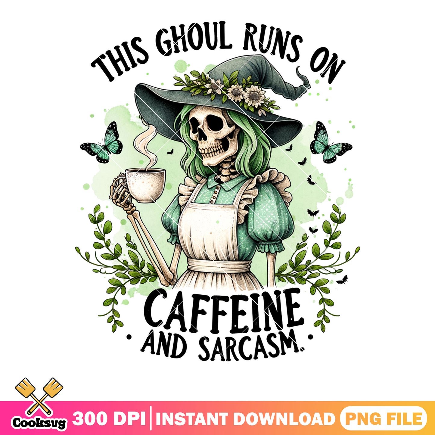Green hair skeleton png, green butterfly png, halloween scary png
