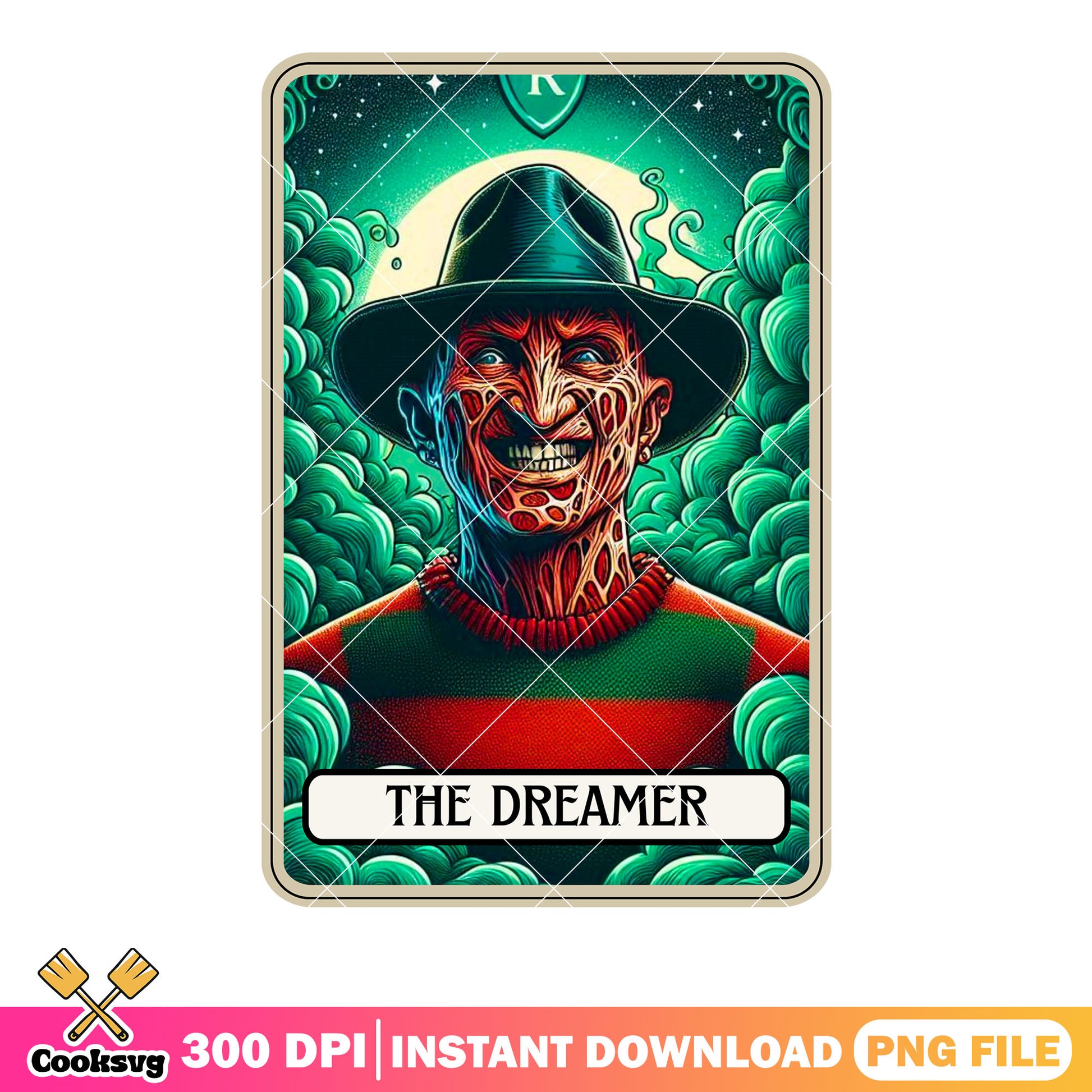 Green magic cloud scary card png, crazy smile png, stary night png