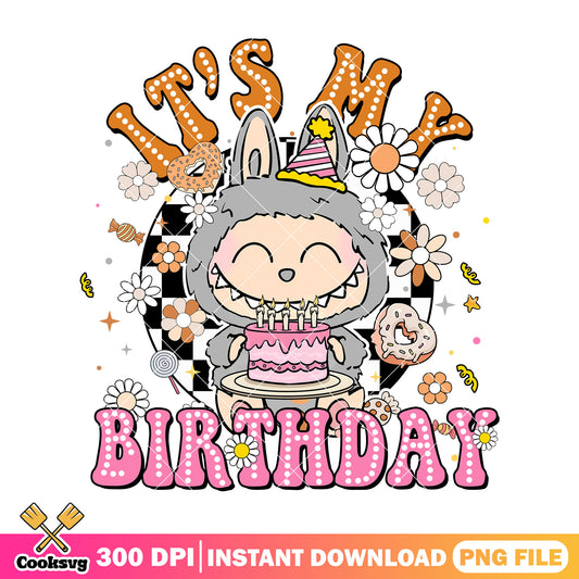Grey labubu birthday png, labubu hehe png, love labubu​ png