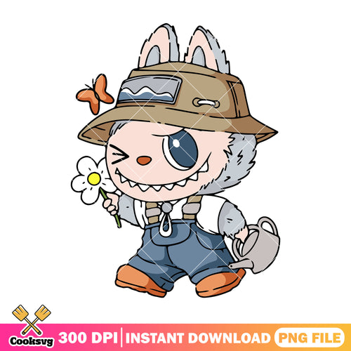 Grey labubu gardening png, love labubu png, labubu popmart png