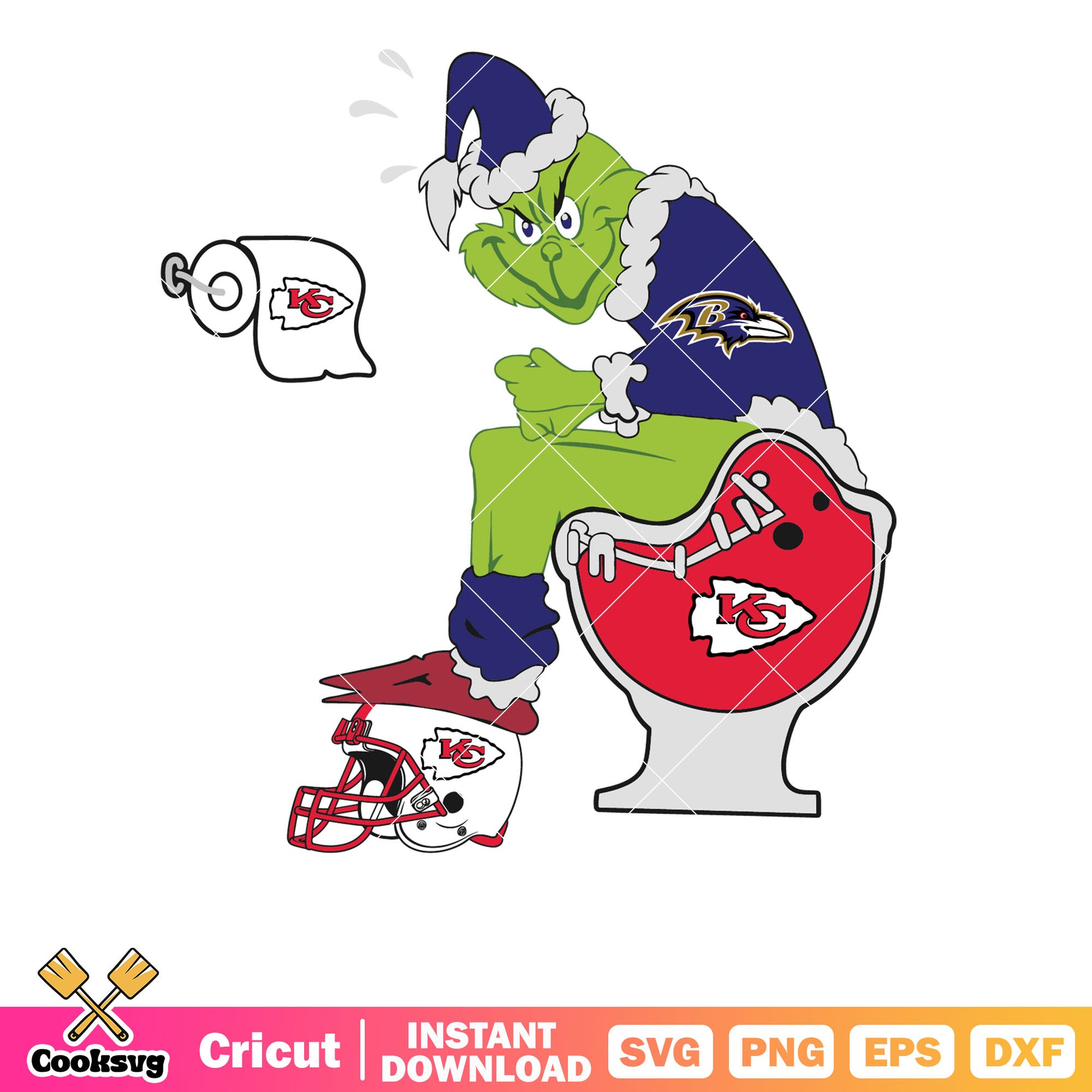 Grinch Baltimore Ravens And Kansas City Chiefs svg, grinch sitting on toilet svg