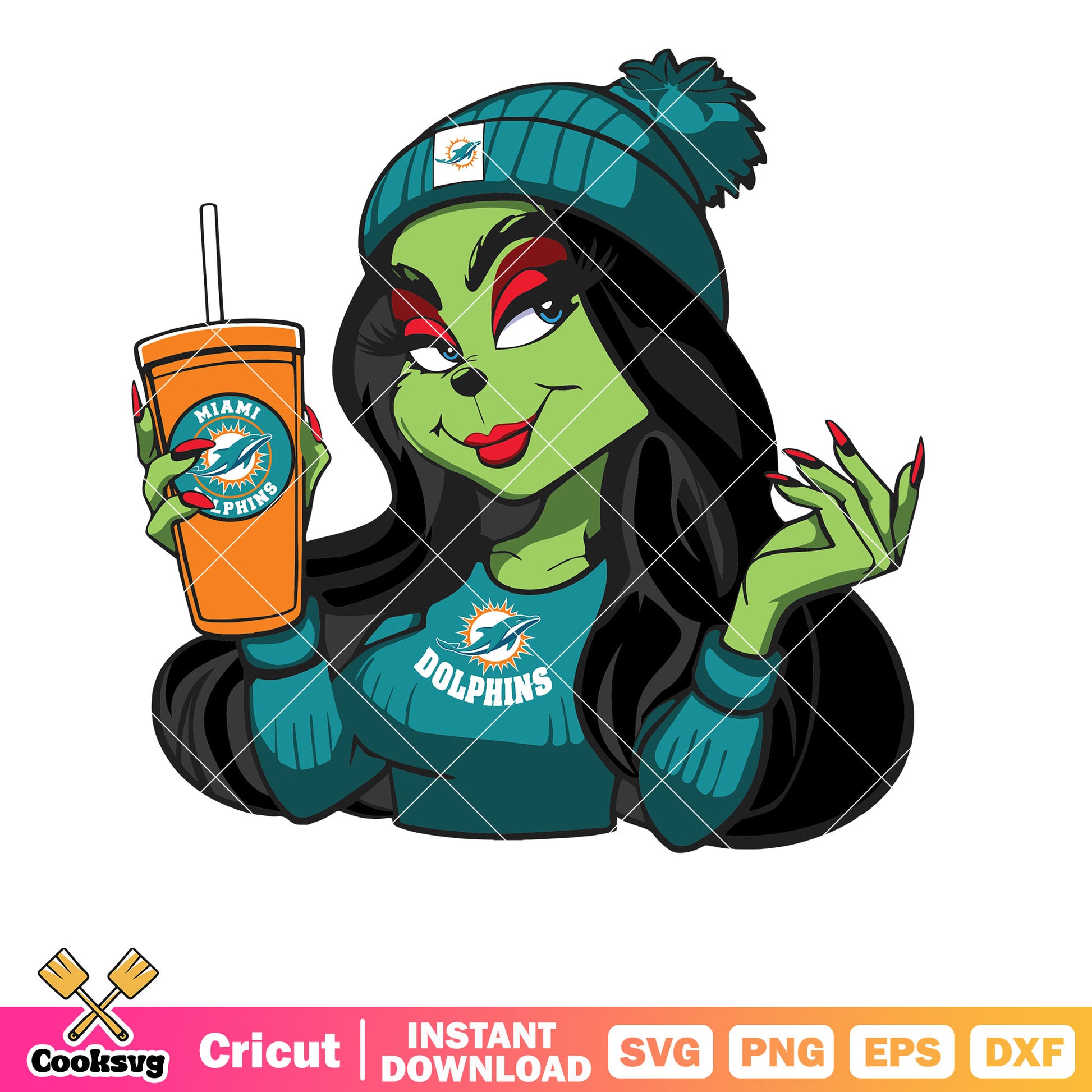 Grinch Miami Dolphins Football Fans Girl svg, grinch girl svg, miami dolphins logo​ svg